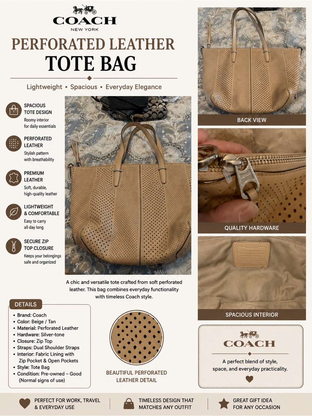 Coach Perforated Leather Tote Bag – Beige/Tan